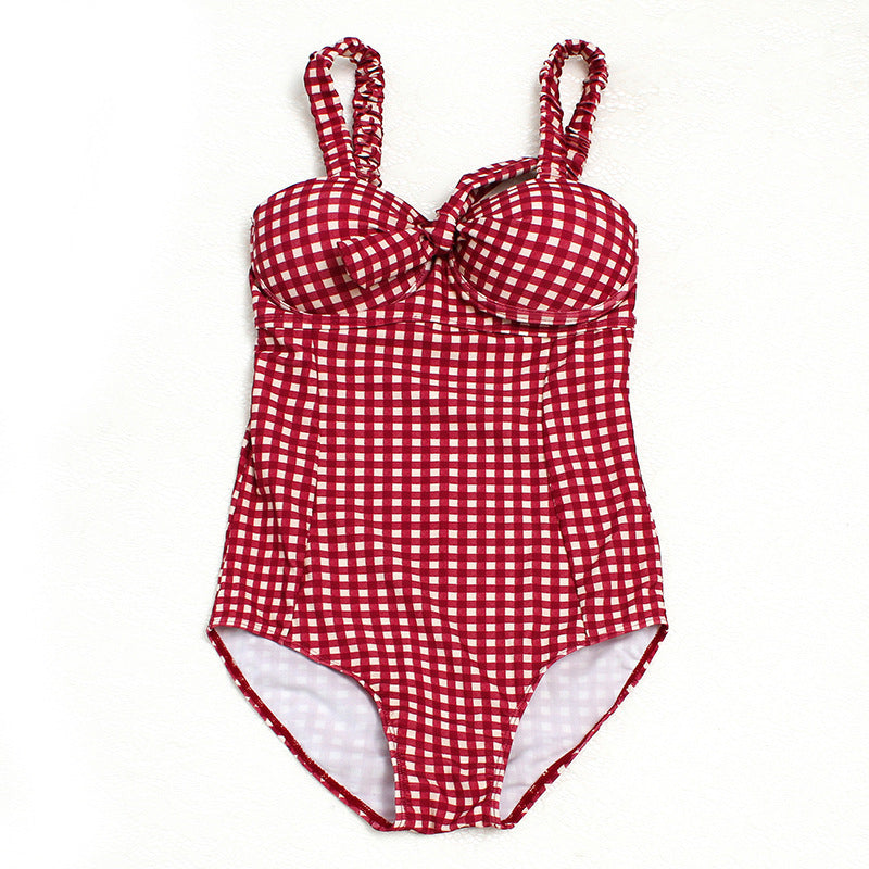 Women's Hot Spring Plaid Underwire Push Up Triangle One Piece Swimsuit