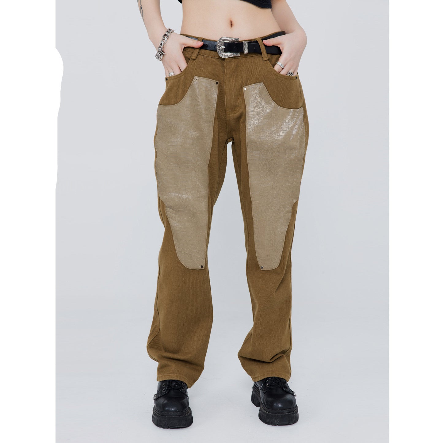 Men's Trendy Leather Patchwork Solid Color Washed Trousers