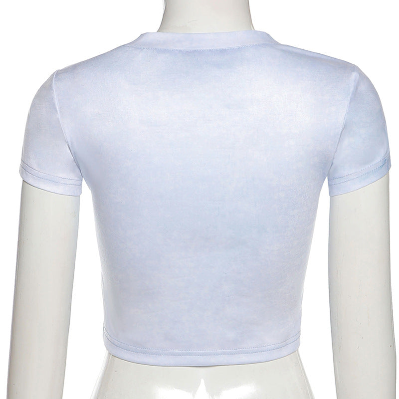 White Butterfly Print Round Neck Slim Fit