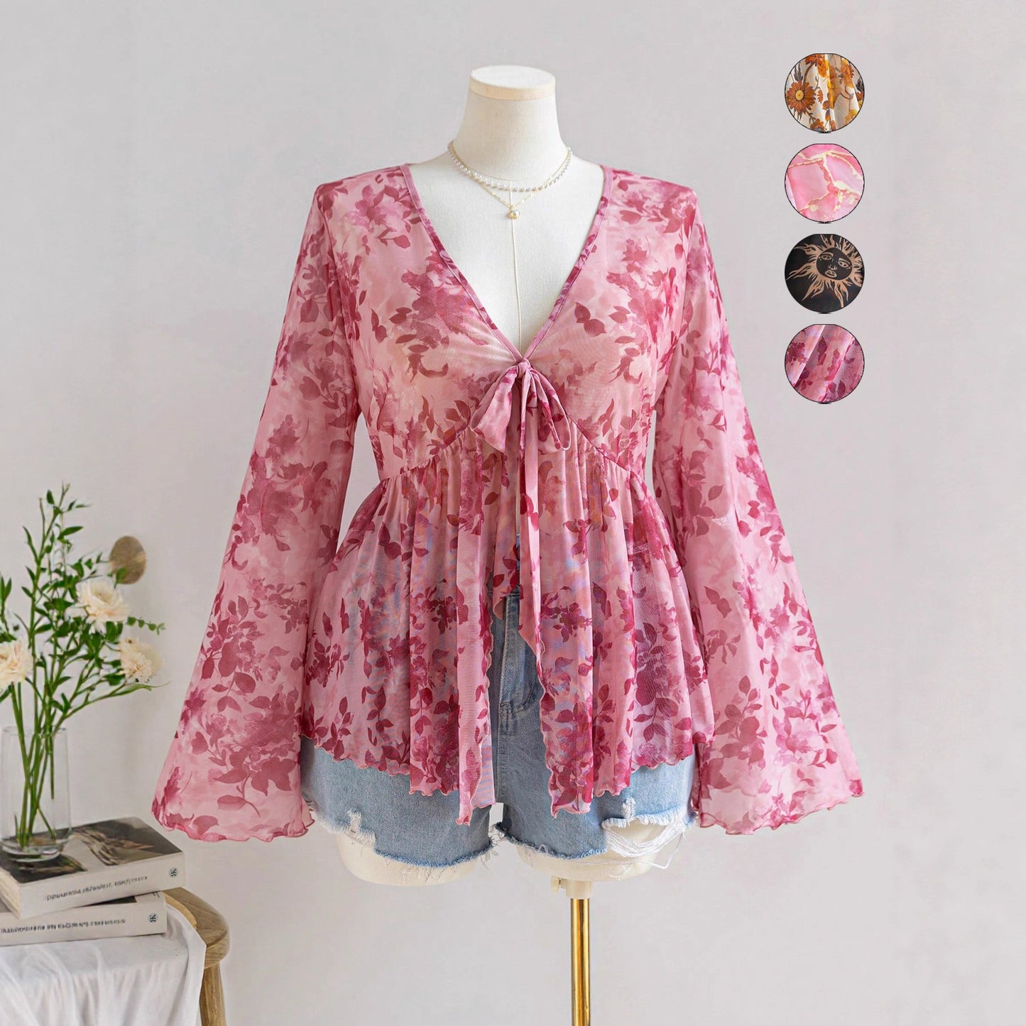 V-hals Mesh Print Ferie Stil Top til Kvinder
