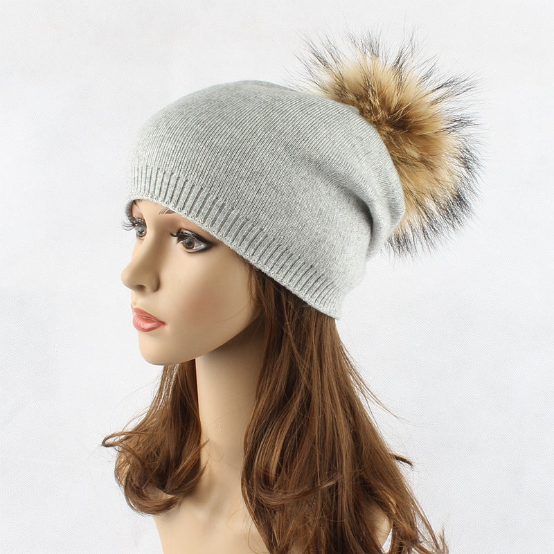 Raccoon Fur Ball Knitted Women's Solid Color Wool Pullover