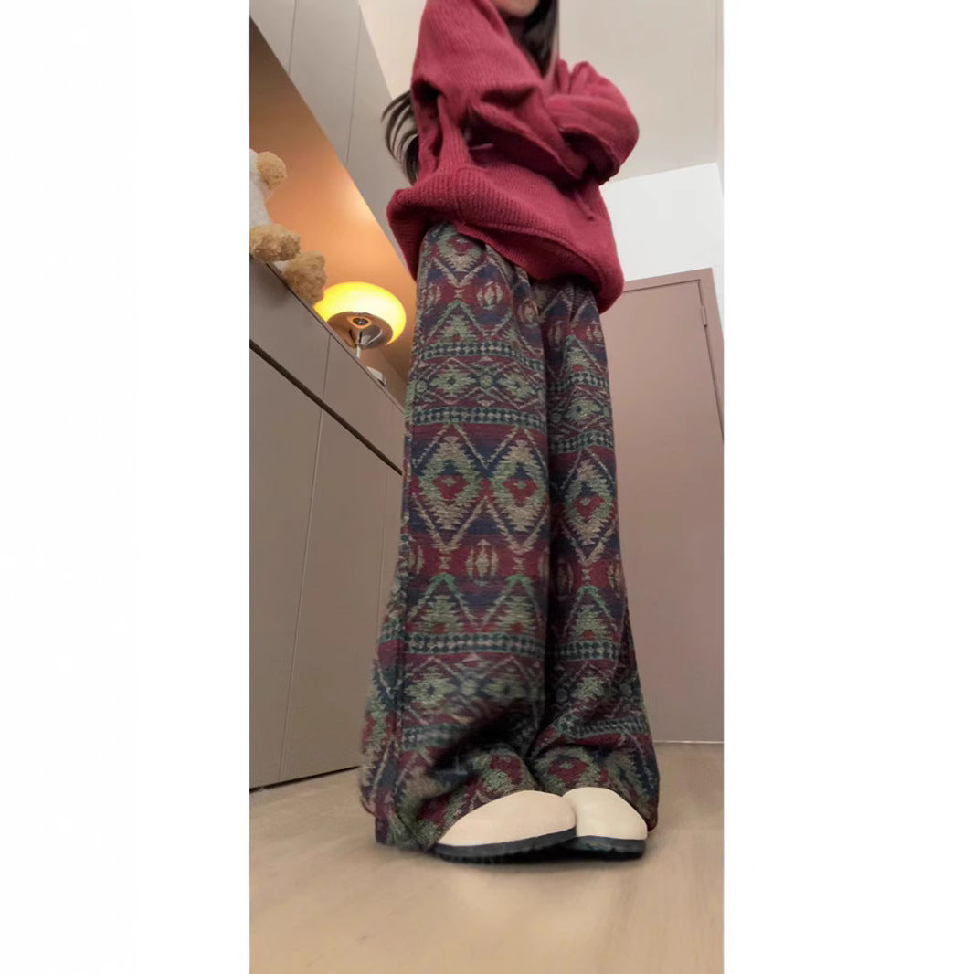 Knitted Ethnic Jacquard Wide Leg Loose Casual Long Pants