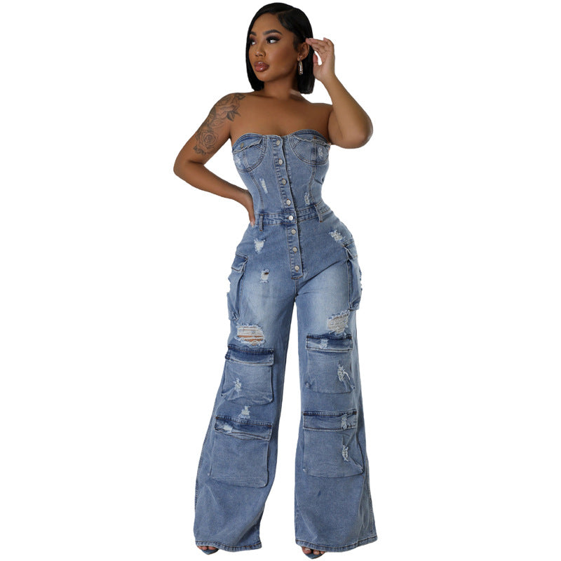 Dame Slim Fit Rygløs Stræk Flared Ærmeløs Denim Jumpsuit