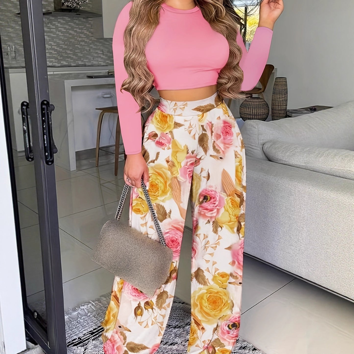 Two-piece Printed Long-sleeve Pants Set For Women
