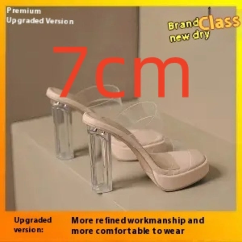 Crystal Transparent Thick Heel Fashion Net Celebrity Ins Tide High Heel Slippers