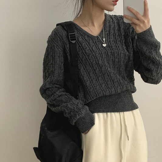Twist-knit V-neck Waist-cinching Long-sleeve Knit Sweater