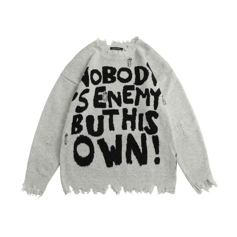 Street Fashion Make Old Ripped Letter Jacquard Burr Knitted Pullover