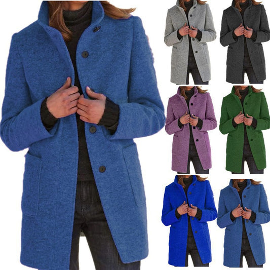New Retro Solid Color Buttoned Turtleneck Wool Coat