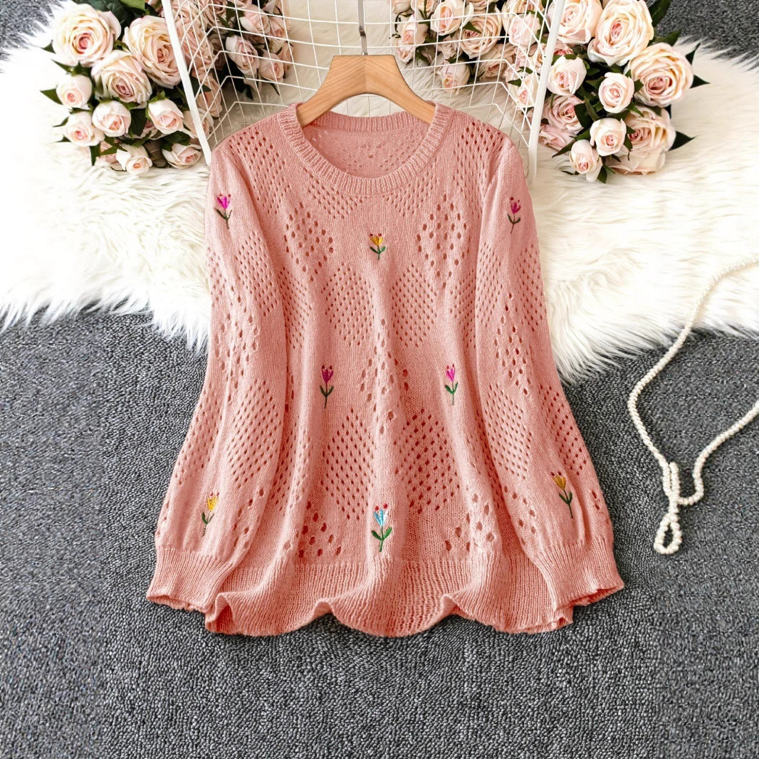 Casual Flower Embroidered Long Sleeve Round Neck Hollow Out Sweater