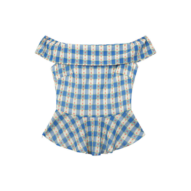 Off-shoulder Blue Checkered Short Sleeve Shirt Women's Summer Short Style