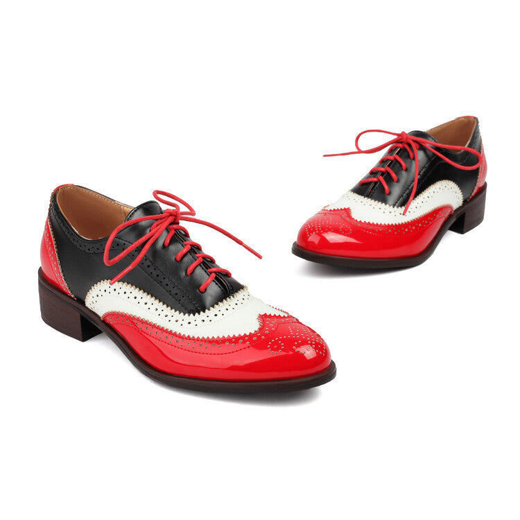 Color Matching Pumps Round Head Shallow Mouth Front Lace-up Women's Chunky Heels