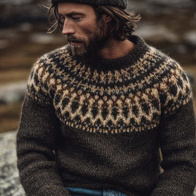 Mens Loose-fitting Long-sleeve Crew-neck Top