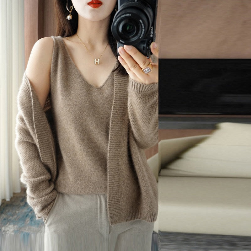 Knitted Cardigan Two-piece Sling Temperament V-neck Sweater
