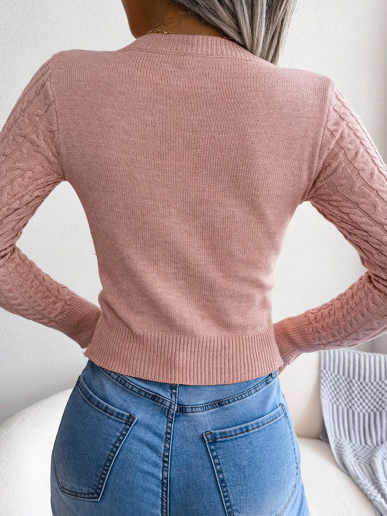 European & American Fashion Hollow Out Cable Knit Long Sleeve Sweater
