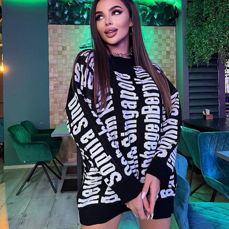 Long Sleeve Letter Crew Neck Loose Sweater Knit Dress