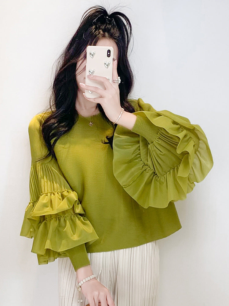 Versatile Ruffled Blouse With Puff Sleeves And A Round Neckline