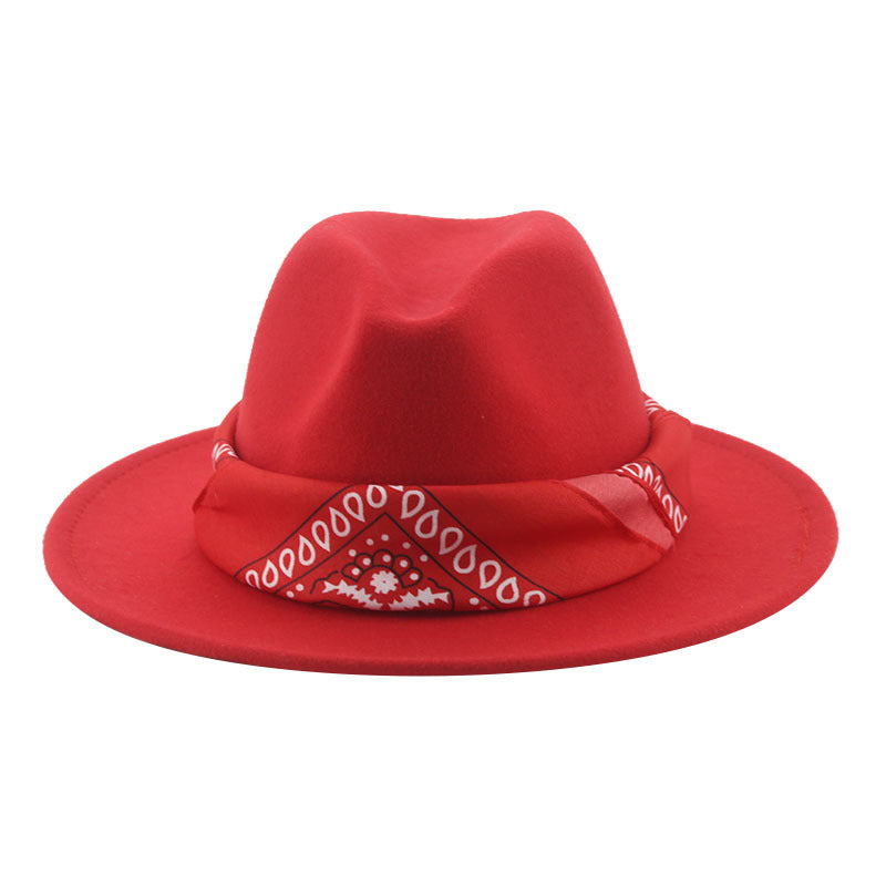 Paisley Ribbon Wide Brim Woolen Top Hat Felt Cowboy Hat