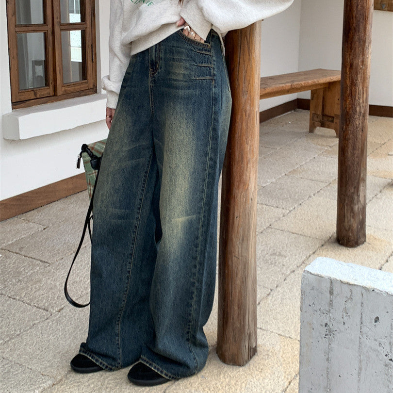 Retro Washed Denim Mop Pants Women's Design Sense Three-dimensional Cat Beard Wide Leg Pants Jeans
