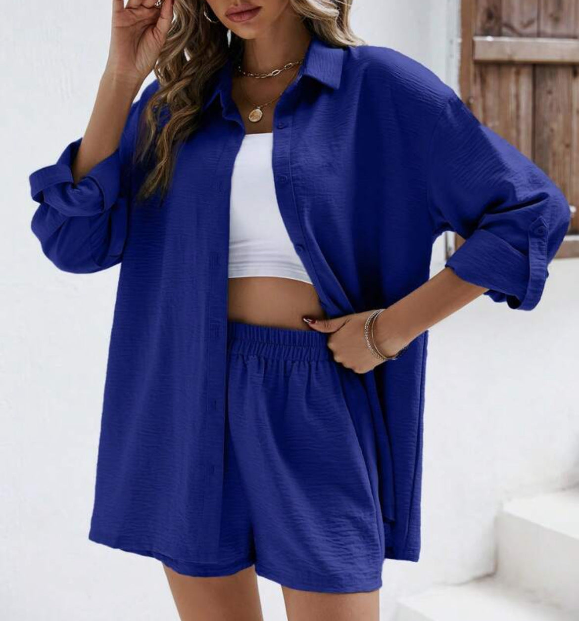 Spring Solid-Colored Lapel Long-Sleeve Shirt And Elastic High-Waist Shorts Casual Set