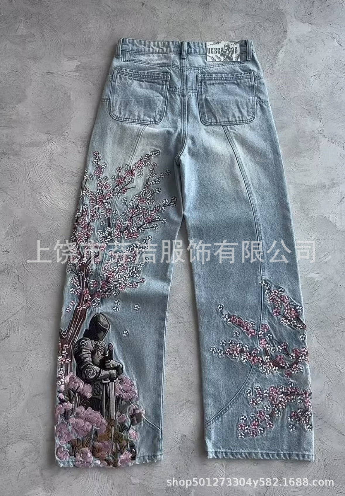 Digital-print Floral Faux Denim Straight-leg Floor-length Pants 3D