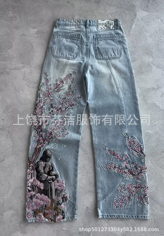 Digitalprintet blomstret imiteret denim straight-leg gulvlang buks 3D