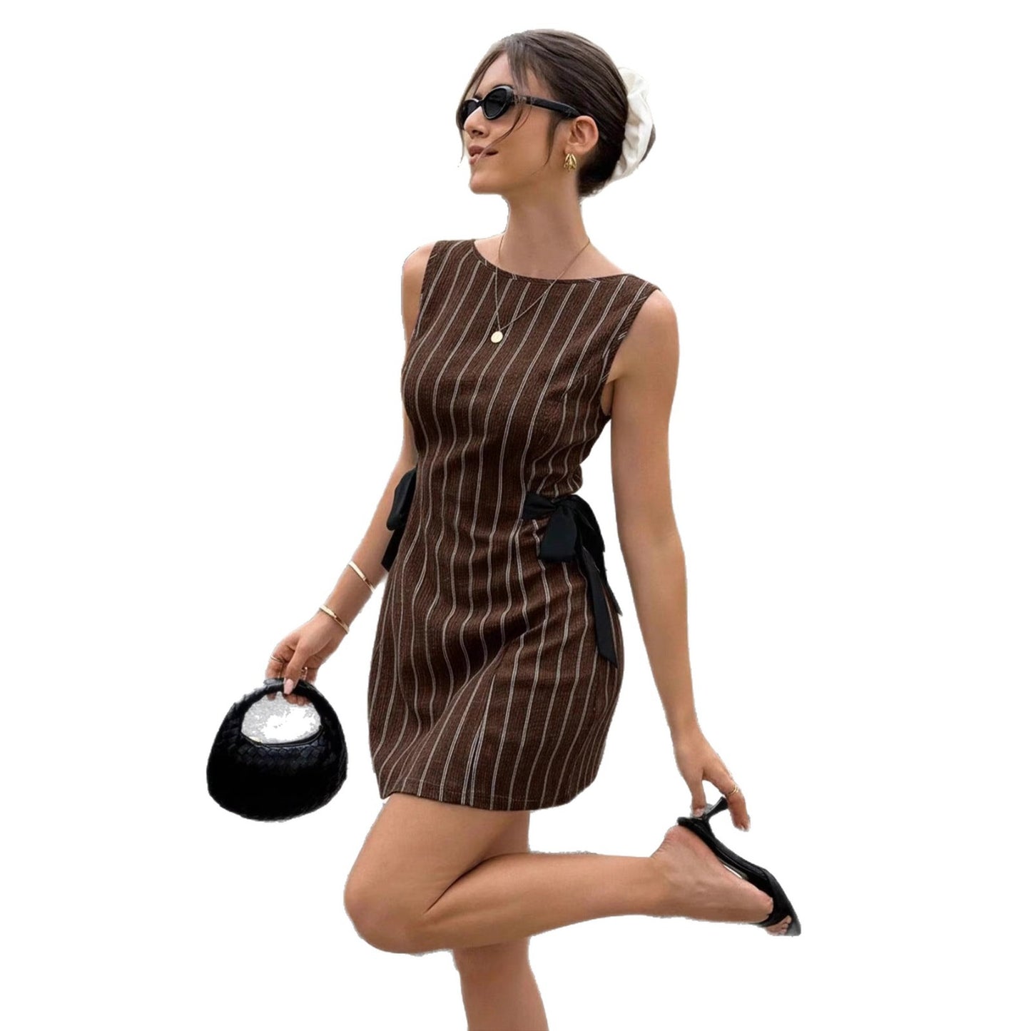 Womens Sleeveless Slim-fit Double-sided Bow Tie Dress