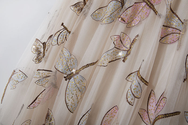 Golden Silk High Waist Sweet Slim Retro Lace Dragonfly Sequin Embroidery Mid Length Skirt