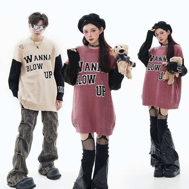 Ripped Pin Embroidered Letter Jacquard Knitted Sweater
