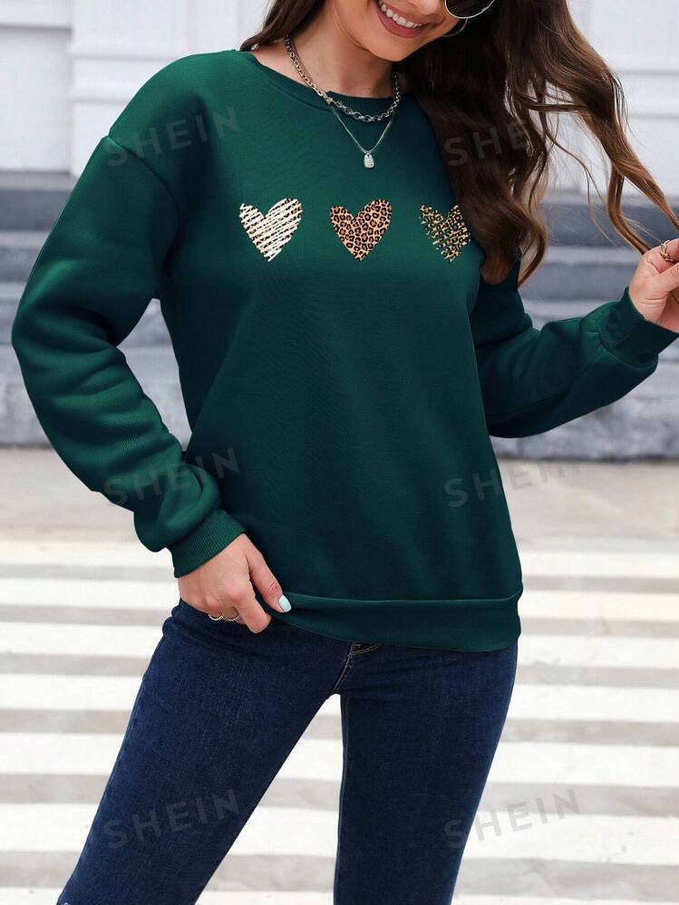 Essnce Leopard Heart Print Drop Shoulder Sweatshirt