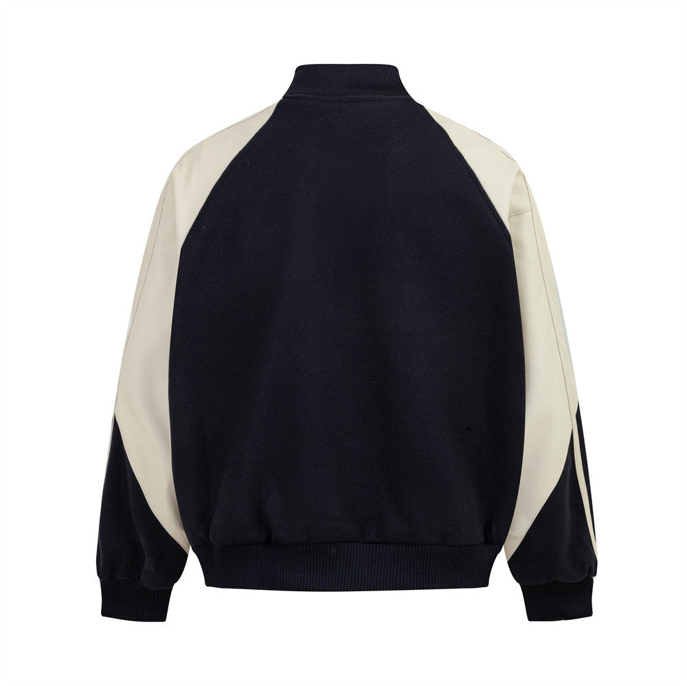 PU Leather Stitching Color Blocking Baseball Uniform Jacket