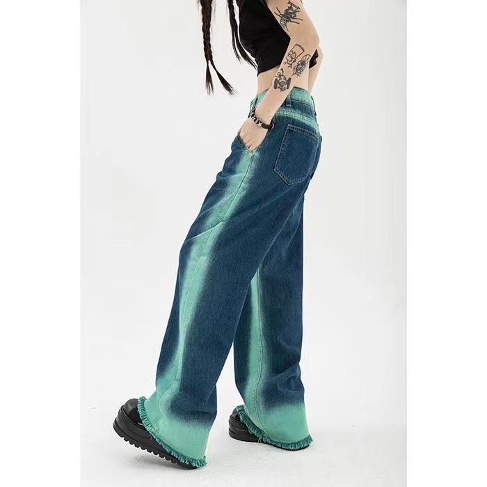 High Waist Loose Straight Contrast Jeans