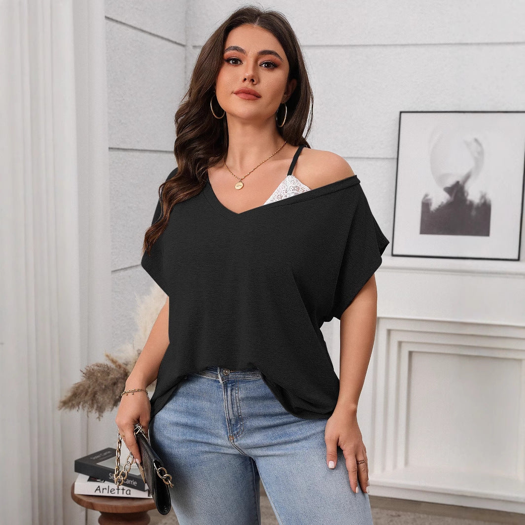 Casual Solid Color Pullover Slant Shoulder Batwing Sleeve Top