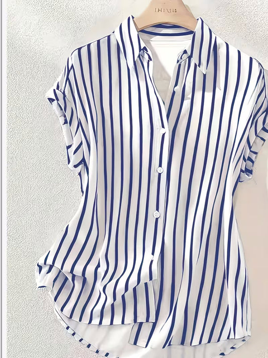 Womens Casual Striped Retro New Arrival Printed Short-Sleeve Shirt