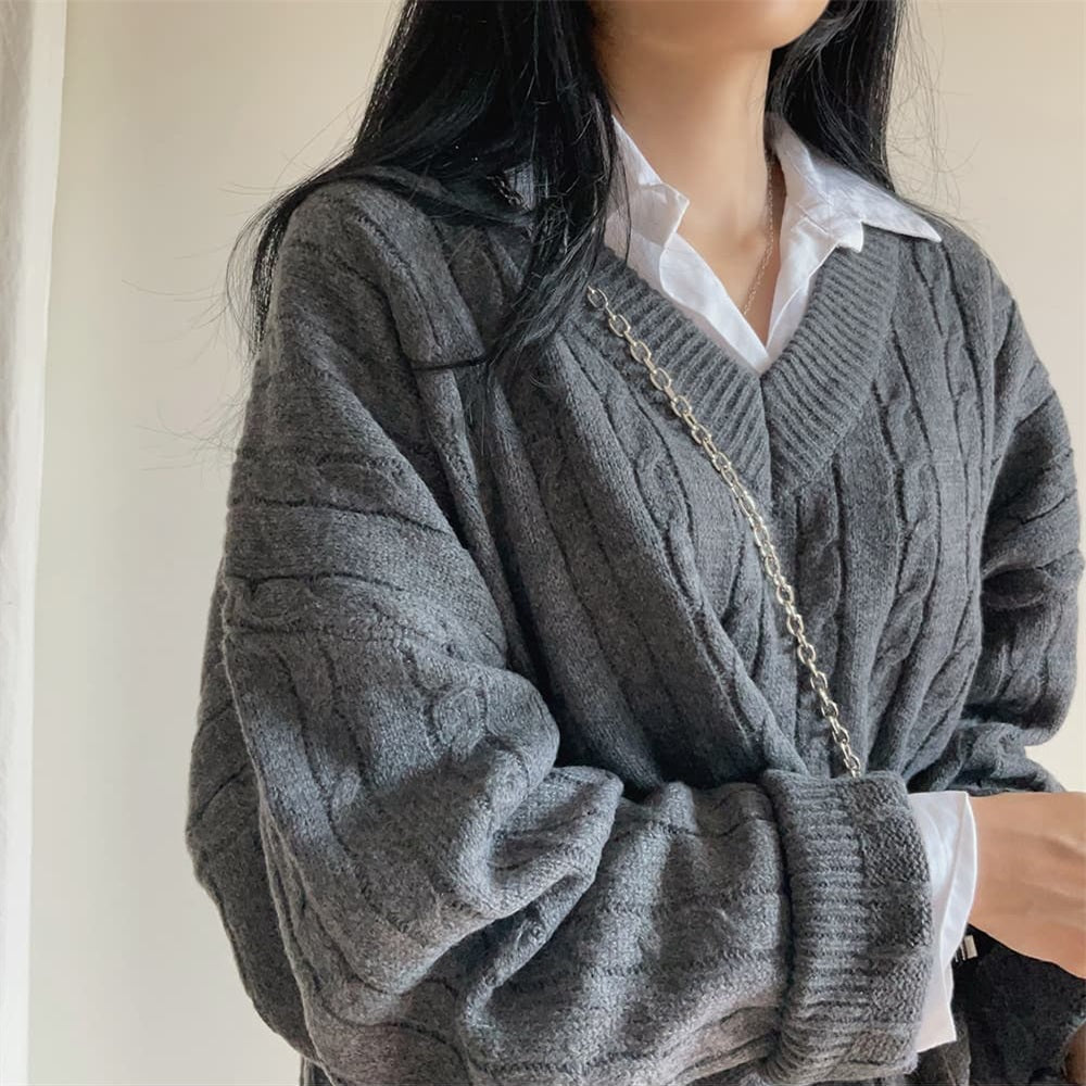 V-neck Mid-length Sweater Thick Long-sleeved Knitted Top