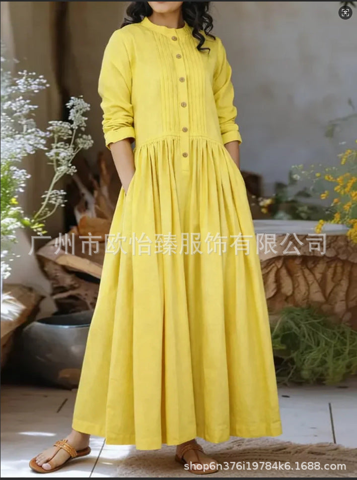 Womens Solid-Colored Stand-Up Collar Long-Sleeve Loose A-Line Dress