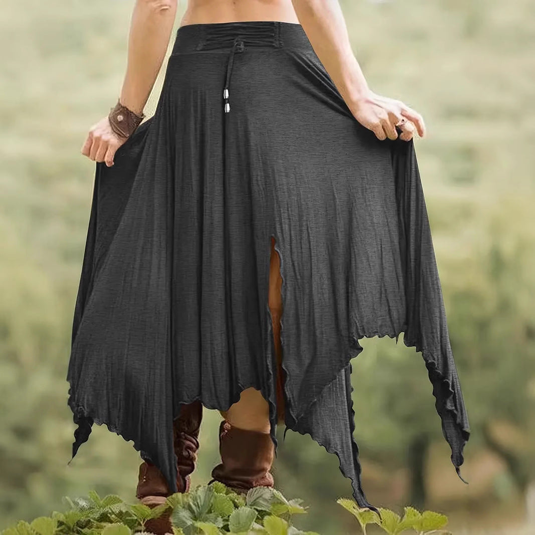 Womens Solid-Color Irregular Elastic-Waist Skirt