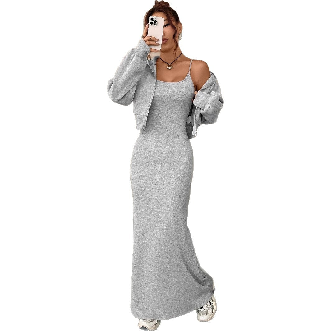 Short Athletic Hoodie Jacket Long Slip Dress