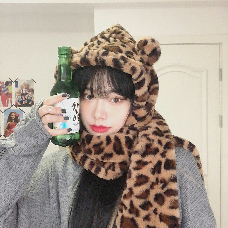 Bear Ear Hat Scarf All-in-one Warm Keeping Leopard Hat