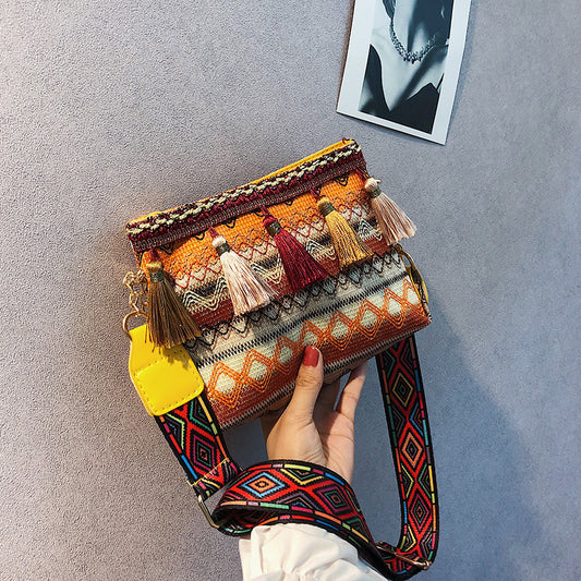 Ethnic Wide Shoulder Strap Fringed Crossbody Bag