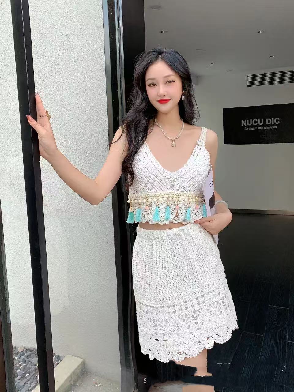 Women's Knitted Camisole High-waisted Skirt Suit