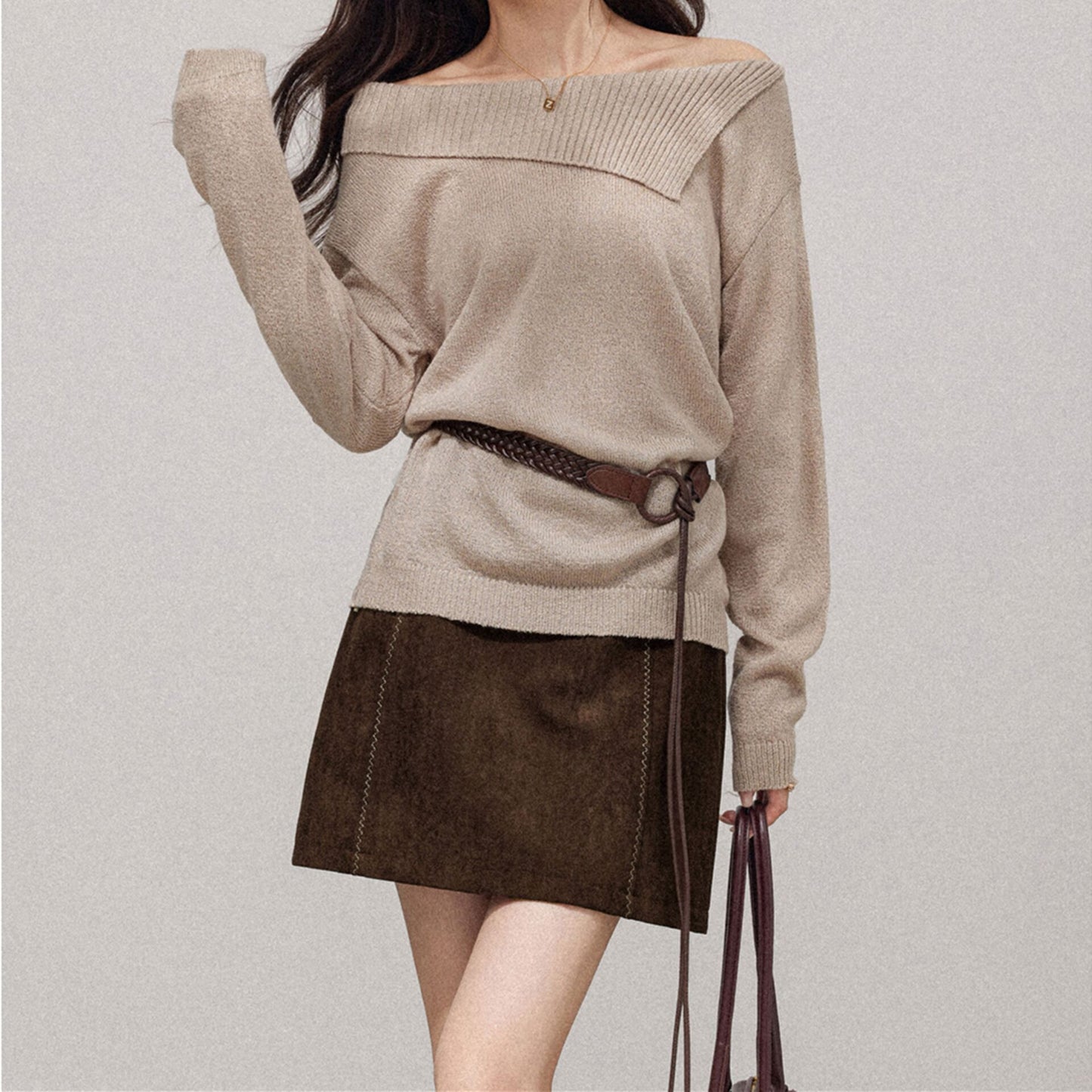 Deerskin Suede Coffee-colored A-line Skirt For Women Autumnwinter