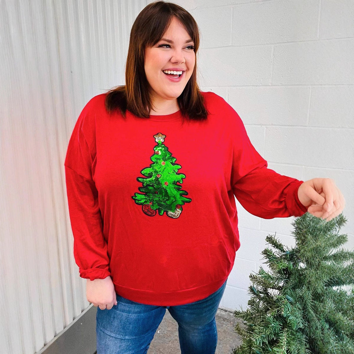 Europæisk og amerikansk juletræsfestival, pailletter, løs sweatshirt til kvinder