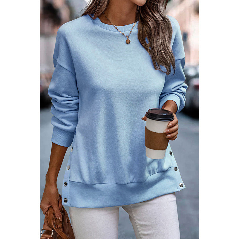 Solid Color Pullover Women's European And American Leisure Style Slit Loose Flab Hiding Long Sleeve Bathroom