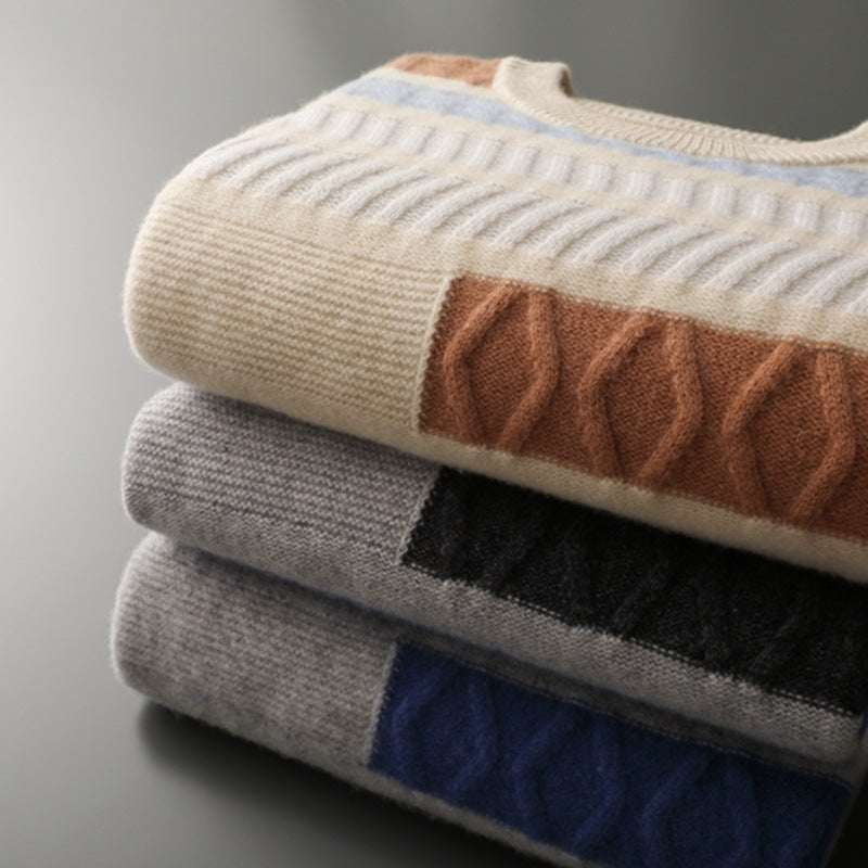 Koreansk stil Farveblok Crew Neck Cashmere Sweater til Mænd Kontrastfarve