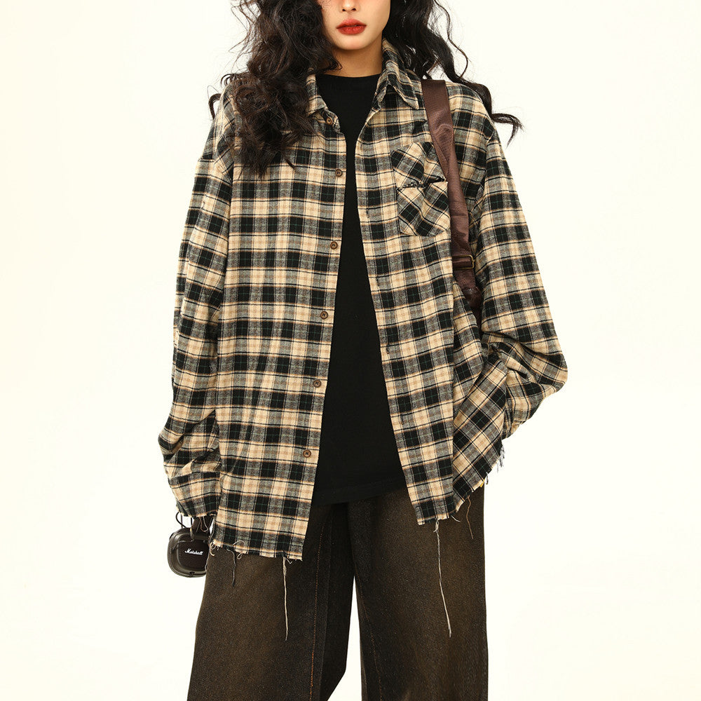 Womens Retro Maillard Loose All-Match Plaid Blouse
