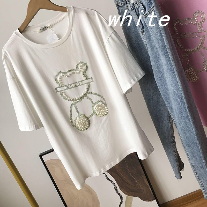 Heavy Industry Hot Drill Bead Short-sleeved Bear T-shirt Women