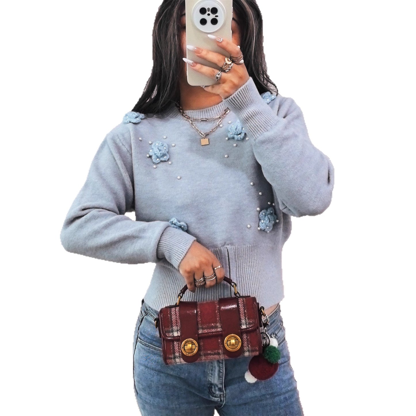 Three-dimensional Flower Pearl Elegant Zipped Round Neck Sweater