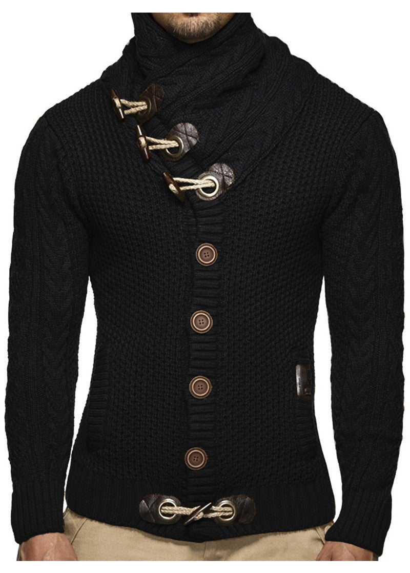 Horn Button Casual Turtleneck Men's Twisted Knitted Cardigan Sweater
