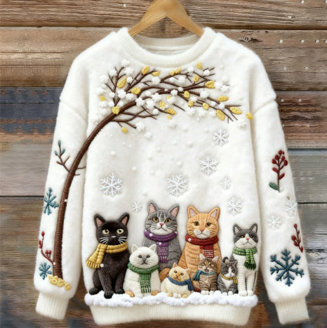 Dame sweatshirt med printet katte julemotiv og rund hals