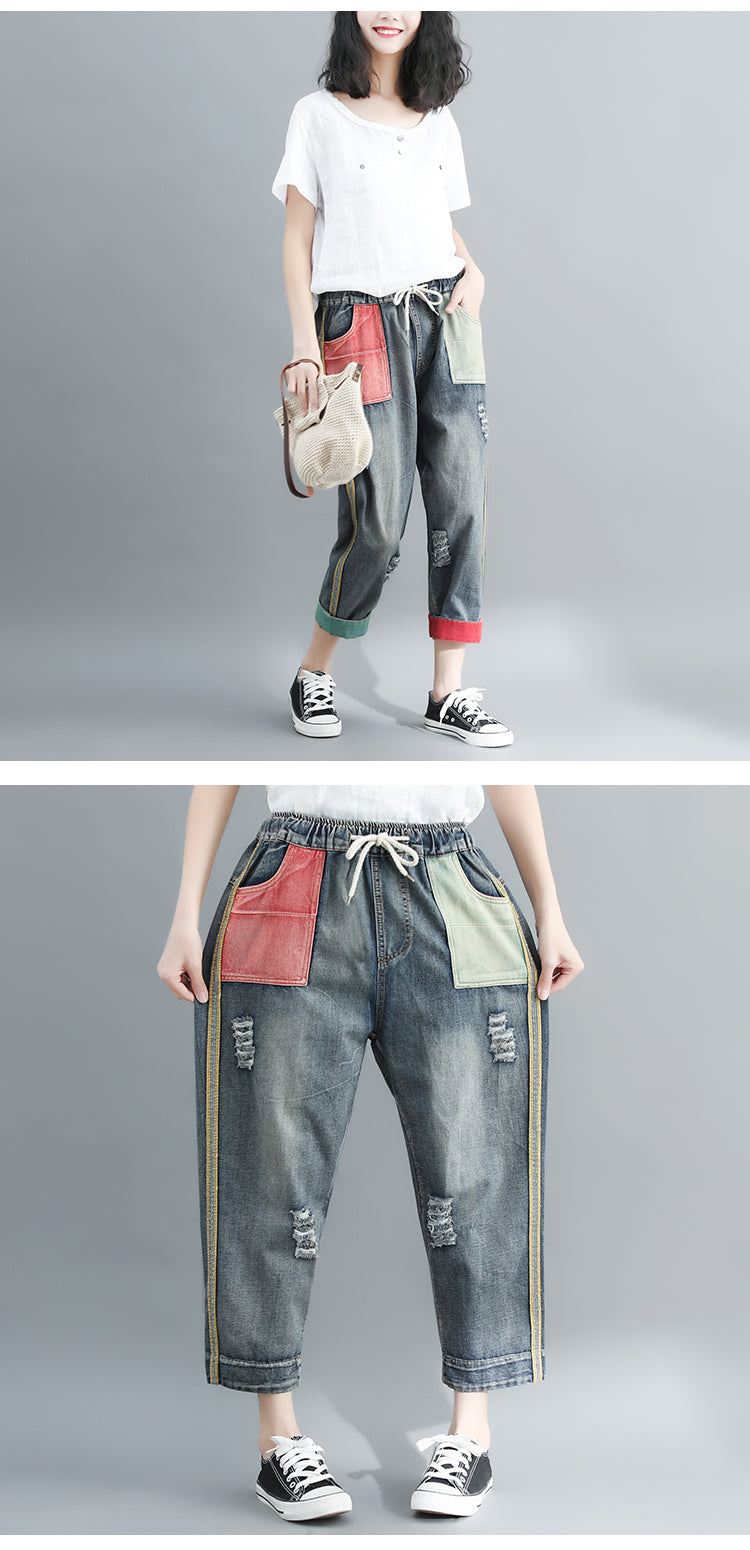 Artistic Contrast Color Washed Worn Jeans Women's All-matching Loose Casual Harem Pants